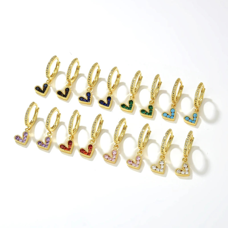 Sparkly Colorful CZ Heart Hoop Earrings For Women Gold-color Zircon Pave Jewelry