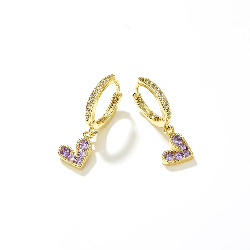 Sparkly Colorful CZ Heart Hoop Earrings For Women Gold-color Zircon Pave Jewelry