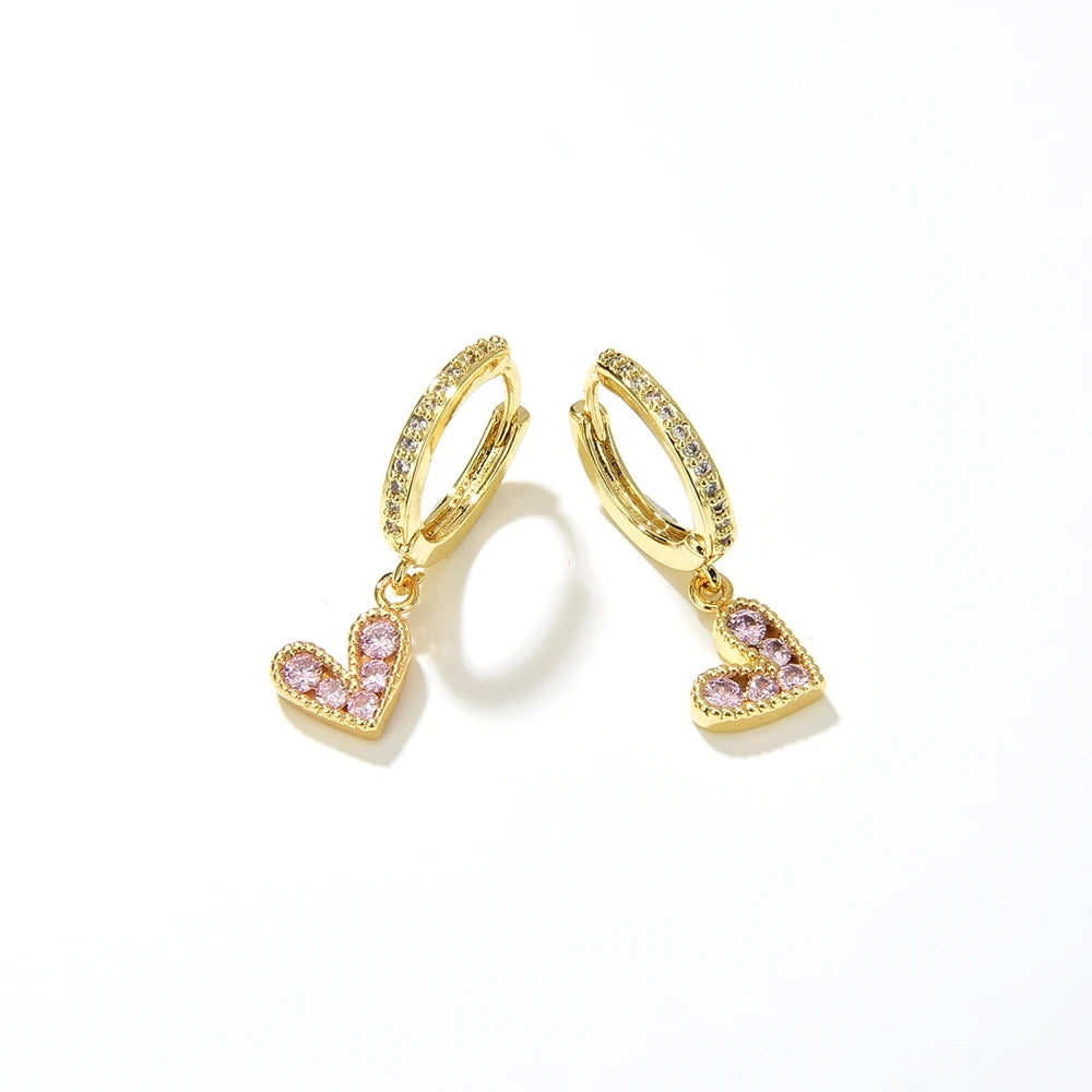 Sparkly Colorful CZ Heart Hoop Earrings For Women Gold-color Zircon Pave Jewelry