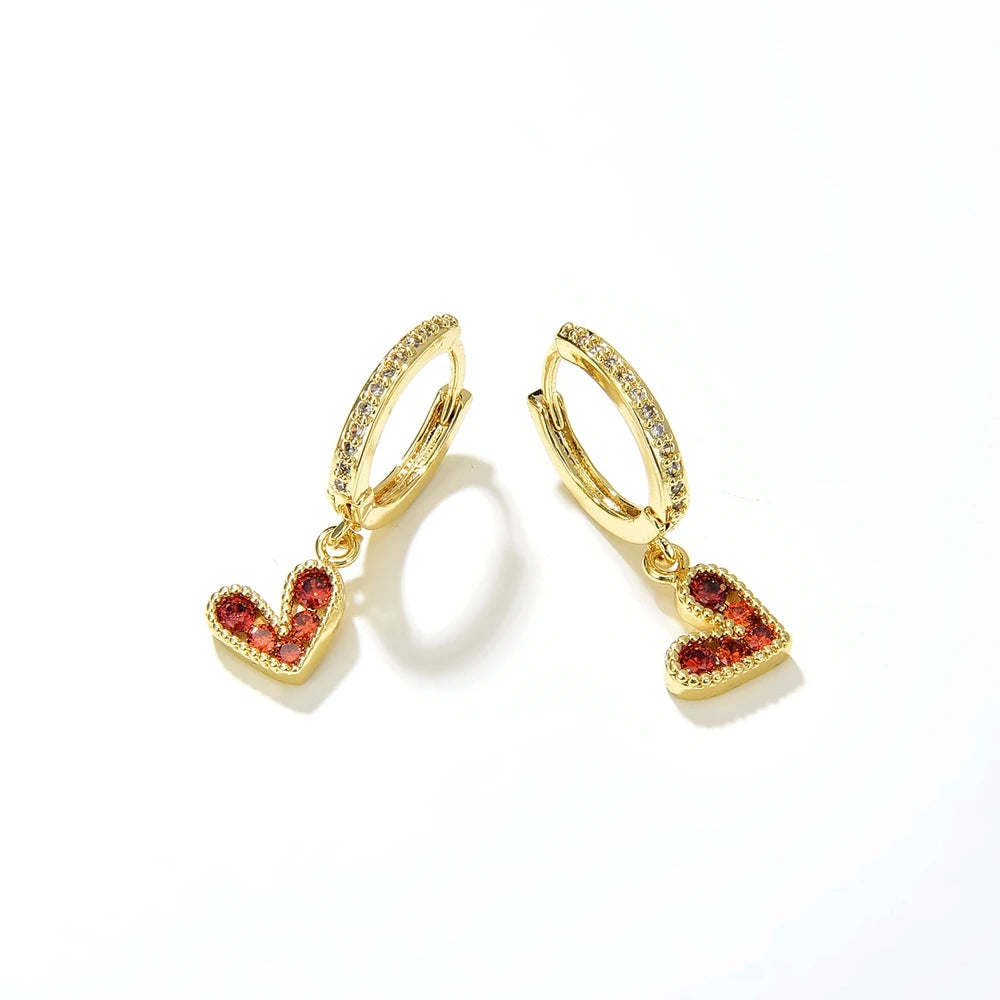 Sparkly Colorful CZ Heart Hoop Earrings For Women Gold-color Zircon Pave Jewelry