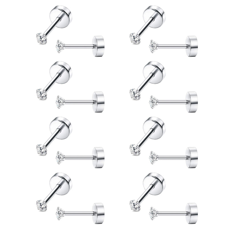 8 Pairs CZ Cartilage Stud Earrings Tiny Round 2MM Piercing