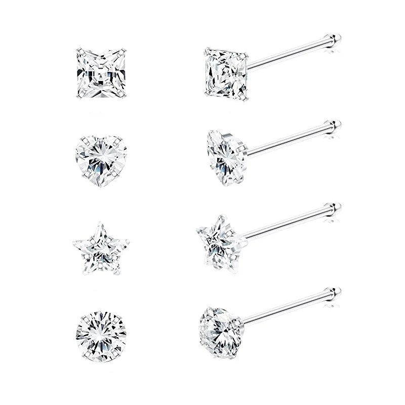 8Pcs 925 Silver Nose Rings Studs CZ Zircon Body Piercing Jewelry