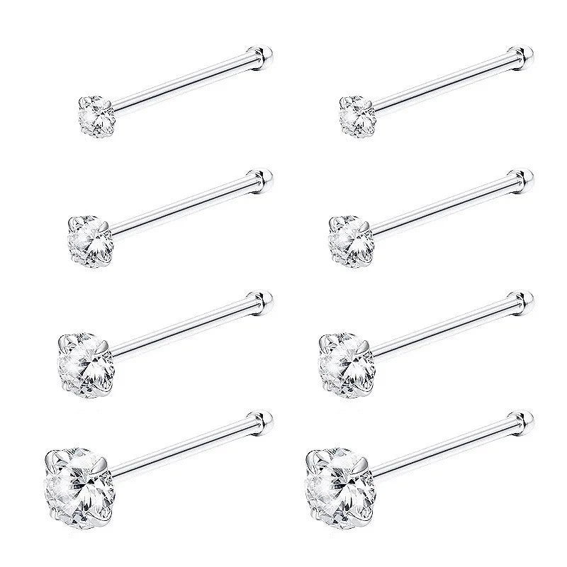 8Pcs 925 Sterling Silver CZ Inlaid Nose Studs 22G Piercing Jewelry