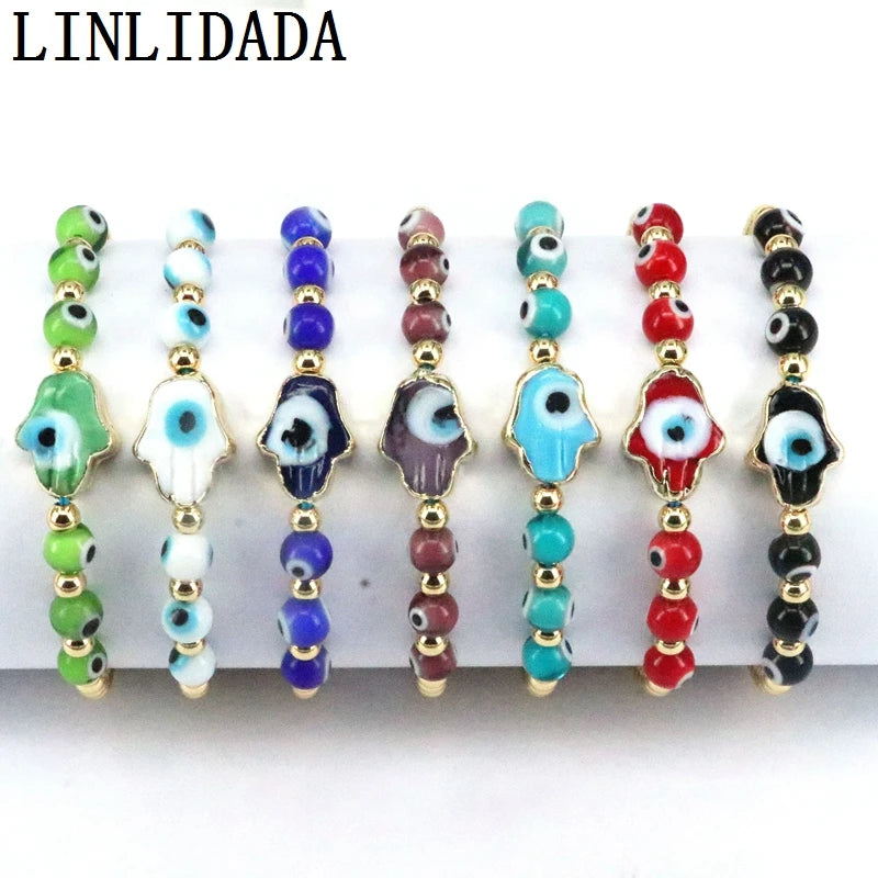 Boho Hamsa Lampwork Glass Beaded Bracelet - Set of 8