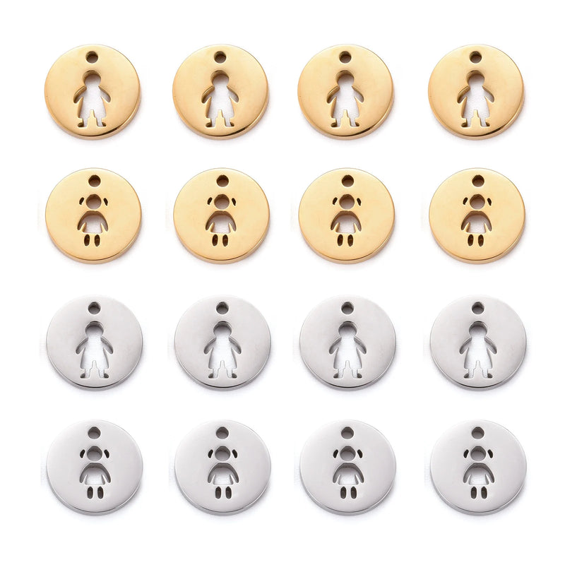 8Pcs 304 Stainless Steel Charms Flat Round Girl Boy Jewelry Making DIY Mixed