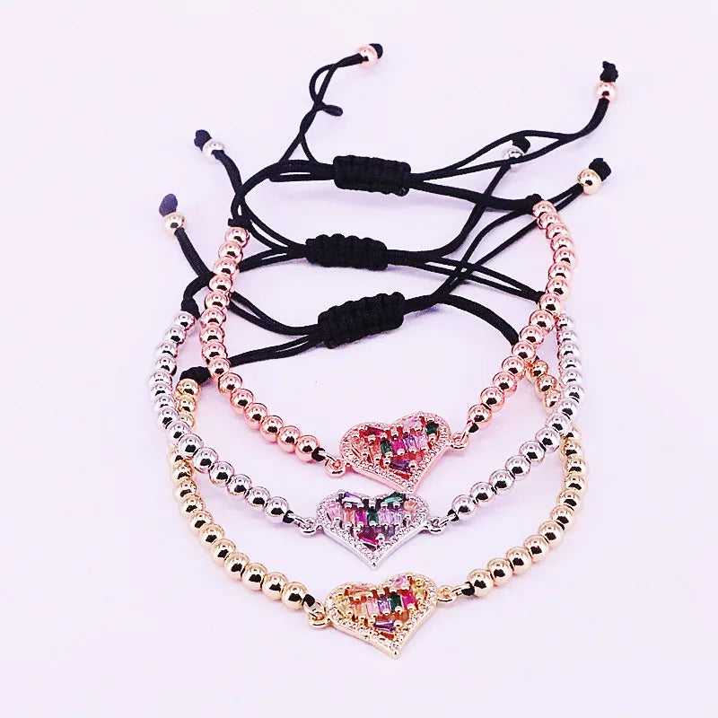 8Pcs Colorful Zirconia Rainbow Heart Macrame Bracelet