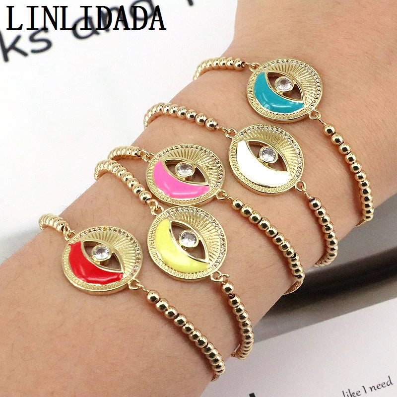 8Pcs Eye Enamel Bracelets for Women Boho Gold-color Bead Chain Bracelet