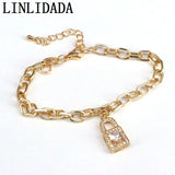 8Pcs Cz Lock Shape Charms Bracelets Bangles Metal Link Chain Bracelet Jewelry