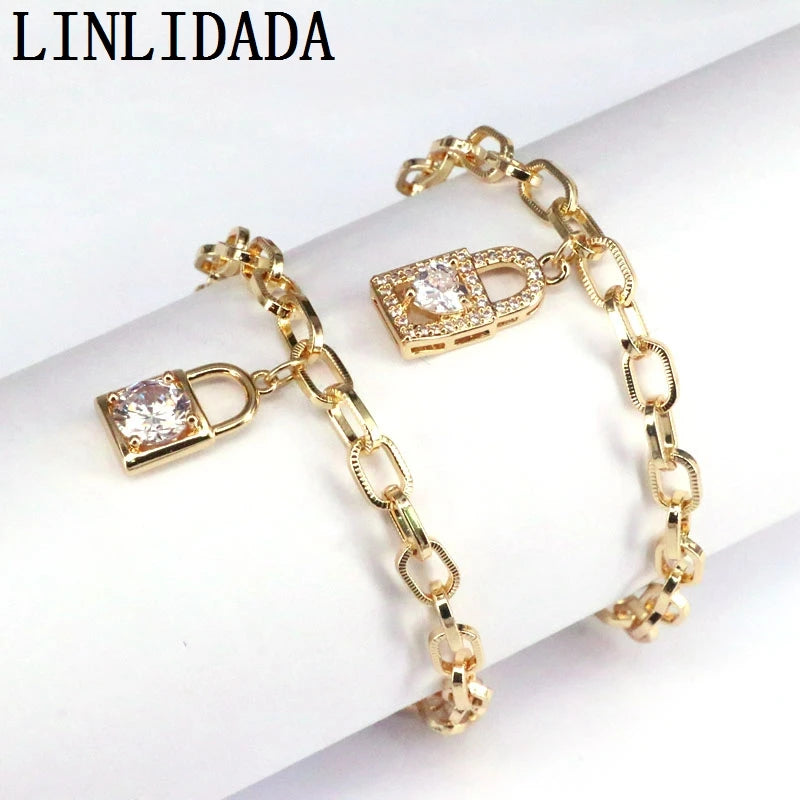8Pcs Cz Lock Shape Charms Bracelets Bangles Metal Link Chain Bracelet Jewelry