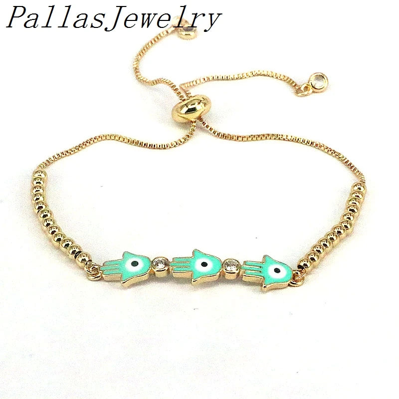 8Pcs Plated Rainbow Enamel Hamsa Hand CZ Bracelet