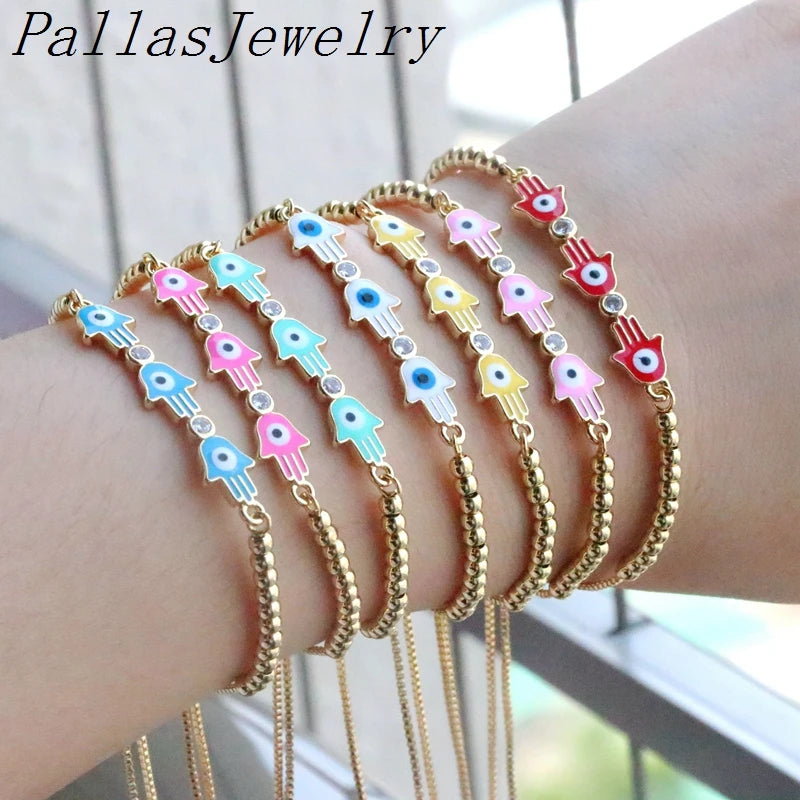 8Pcs Plated Rainbow Enamel Hamsa Hand CZ Bracelet