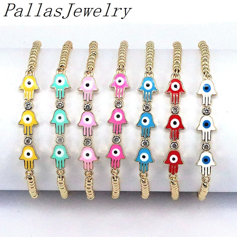 8Pcs Plated Rainbow Enamel Hamsa Hand CZ Bracelet