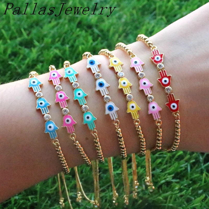 8Pcs Plated Rainbow Enamel Hamsa Hand CZ Bracelet