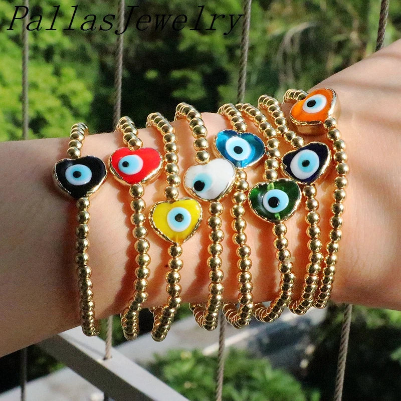 8Pcs Copper Plated Bead Chain Multicolor Lampwork Glass Heart Eyes Bracelet