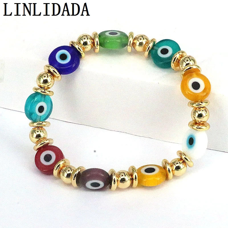 8Pcs Flat Round Eye Lampwork Bead Stretch Bracelet for Women