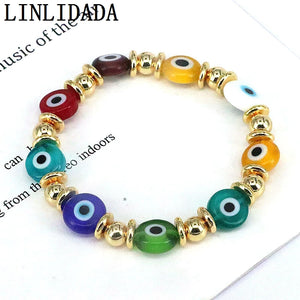 8Pcs Flat Round Eye Lampwork Bead Stretch Bracelet for Women