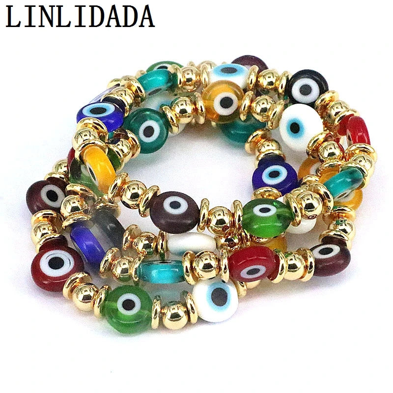 8Pcs Flat Round Eye Lampwork Bead Stretch Bracelet for Women