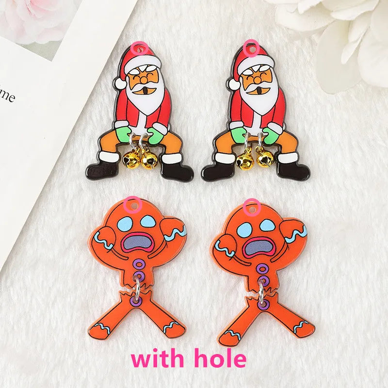 8Pcs Christmas Bells Charms Acrylic Gingerbread Man Santa Claus Pendant