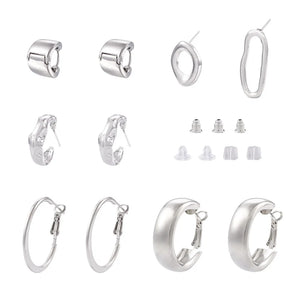 8Pcs Mixed Shape Alloy Hoop Earrings with 2Pcs Stud Earrings for Women Silver