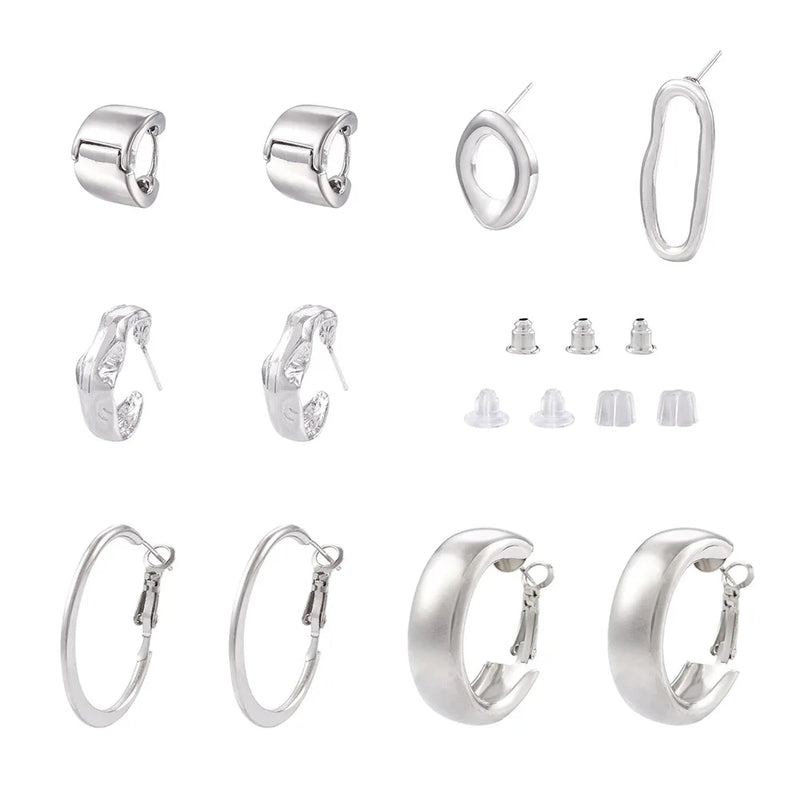 8Pcs Mixed Shape Alloy Hoop Earrings with 2Pcs Stud Earrings for Women Silver