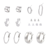 8Pcs Mixed Shape Alloy Hoop Earrings with 2Pcs Stud Earrings for Women Silver