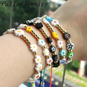8Pcs Lampwork Flower Charms Bracelet String Rope Braided Bracelets