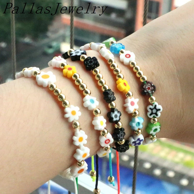 8Pcs Lampwork Flower Charms Bracelet String Rope Braided Bracelets