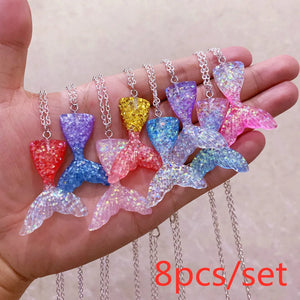 8Pcs Gradient Mermaid Tail & Fish Scale Charm Necklace Set for Women Girls