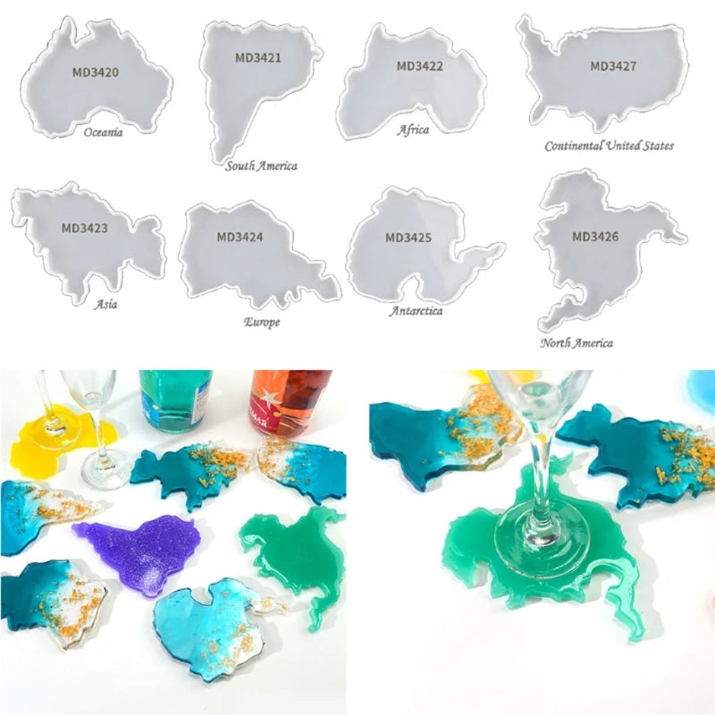 8Pcs Continent Map Coaster Resin Mold Silicone Tray Epoxy Resin Mold