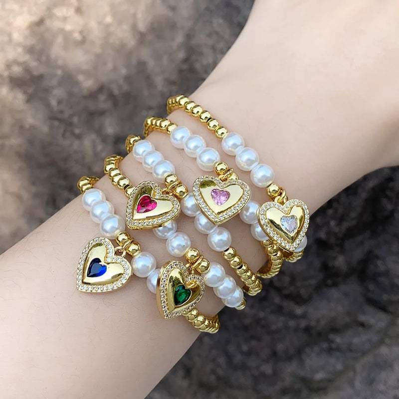 8Pcs Heart Charm Bracelets CZ Crystal Elastic Chain Beaded Jewelry