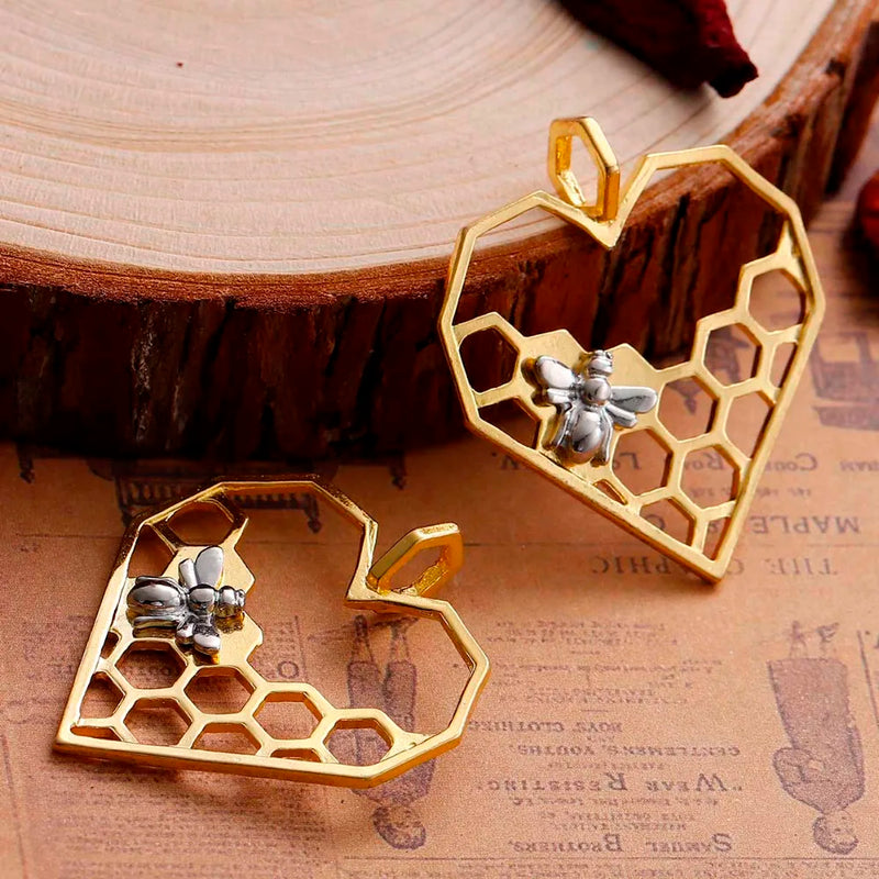 Heart & Bee Carved Hollow Pendants DIY Findings 41x35mm, 5 PCs