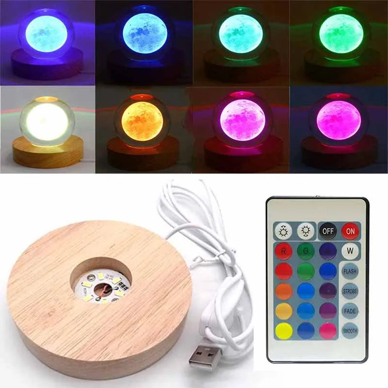 USB Wooden LED Light Display Base Crystal Glass Art Ornament