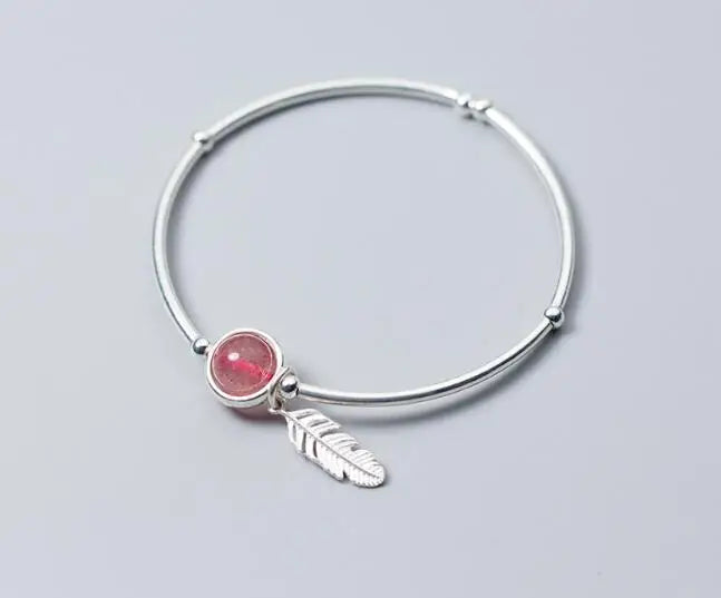 925 Silver Strawberry Quartz & Feather Chain Bracelet