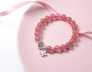 Sterling Silver Strawberry Quartz & Moonstone Bracelet with Flower Charms