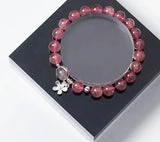 Sterling Silver Strawberry Quartz & Moonstone Bracelet with Flower Charms