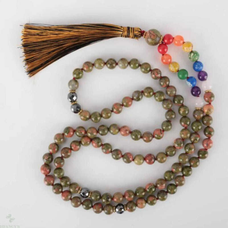 8mm 108 Natural 7 Chakras Flowers green jade knot necklace Fancy Bless Healing