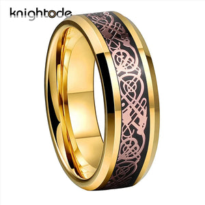 8mm Tungsten Carbide Rings Rose Dragon/Black Carbon Fiber Inlay Wedding Band