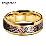 8mm Tungsten Carbide Rings Rose Dragon/Black Carbon Fiber Inlay Wedding Band