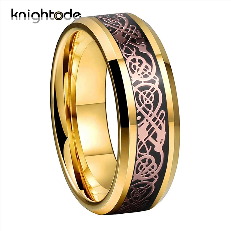 8mm Tungsten Carbide Rings Rose Dragon/Black Carbon Fiber Inlay Wedding Band