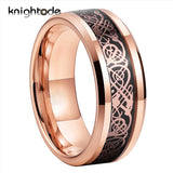 8mm Tungsten Carbide Rings Rose Dragon/Black Carbon Fiber Inlay Wedding Band