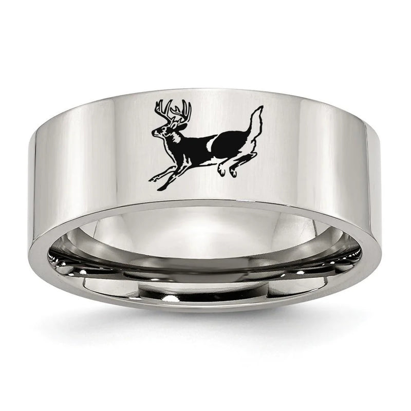 Engraved Deer Leaping Logo Titanium Steel Ring - Unique Anniversary Gift