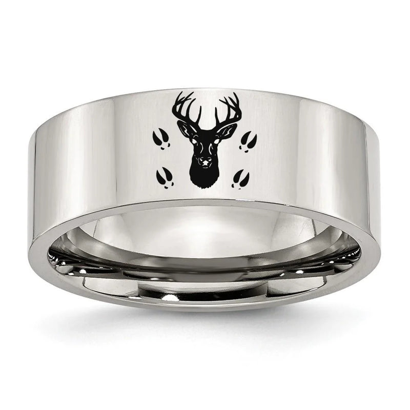 Engraved Deer Track Animal Rings Titanium Steel Ring for Men Women
