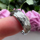 8mm 6mm Tungsten Carbide Band Hammered Ring Stepped Edges Brushed Finish