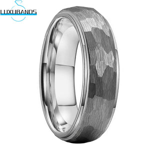 8mm 6mm Tungsten Carbide Band Hammered Ring Stepped Edges Brushed Finish