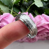 8mm 6mm Tungsten Carbide Band Hammered Ring Stepped Edges Brushed Finish