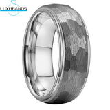 8mm 6mm Tungsten Carbide Band Hammered Ring Stepped Edges Brushed Finish