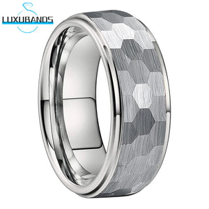8mm 6mm Tungsten Carbide Band Hammered Ring Stepped Edges Brushed Finish