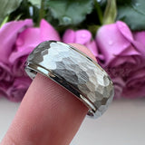8mm 6mm Tungsten Carbide Band Hammered Ring Stepped Edges Brushed Finish