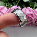 8mm 6mm Tungsten Carbide Band Hammered Ring Stepped Edges Brushed Finish