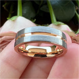 8mm 6mm Tungsten Wedding Band Rose Brushed Grooved Finish